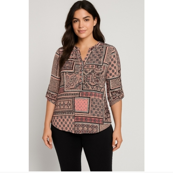 Cocomo Women's Patterned Tunic Top 3X Pink Black Pleated Front Roll Tab Sleeves - Picture 1 of 13